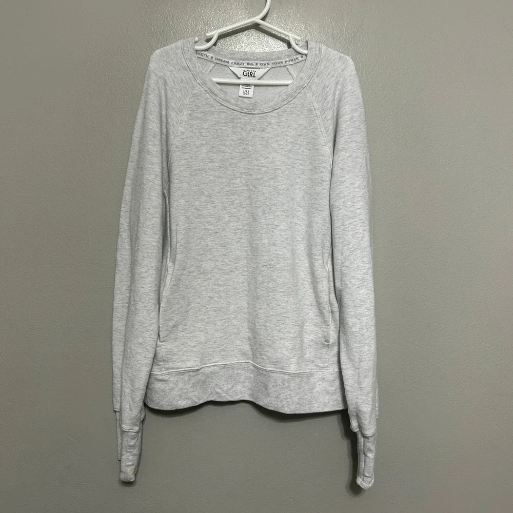 Athleta Girl Sweatshirt Kids L 12 Light Gray Raglan Pocket School Sporty Cozy